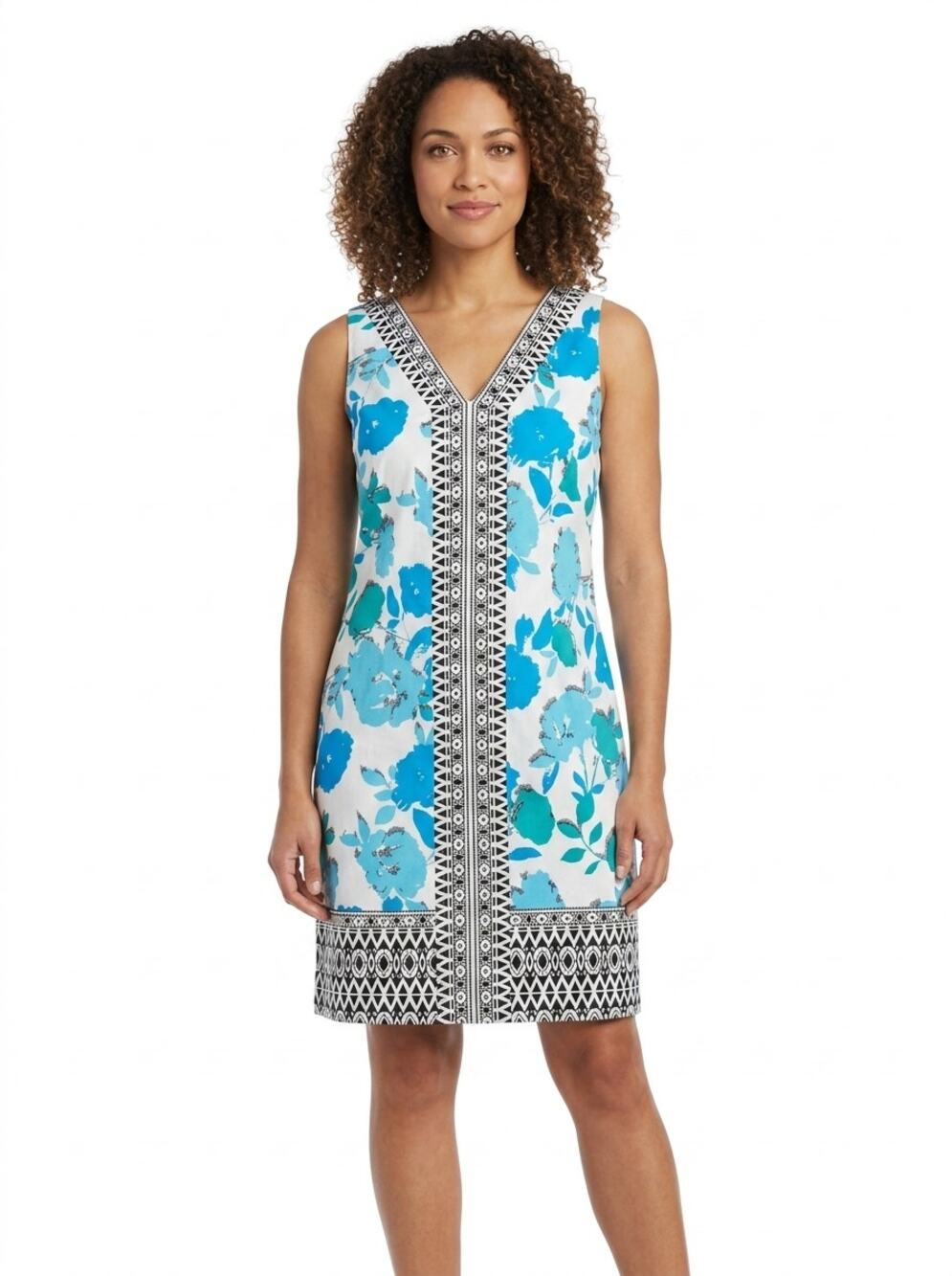 London Times Blue White Floral Border Sheath Dress Women Size 14P
